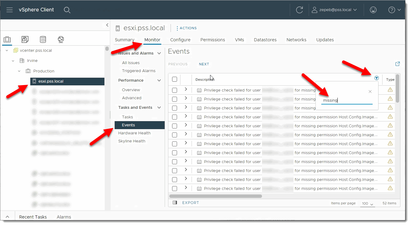 esxi host events backup missing privilege
