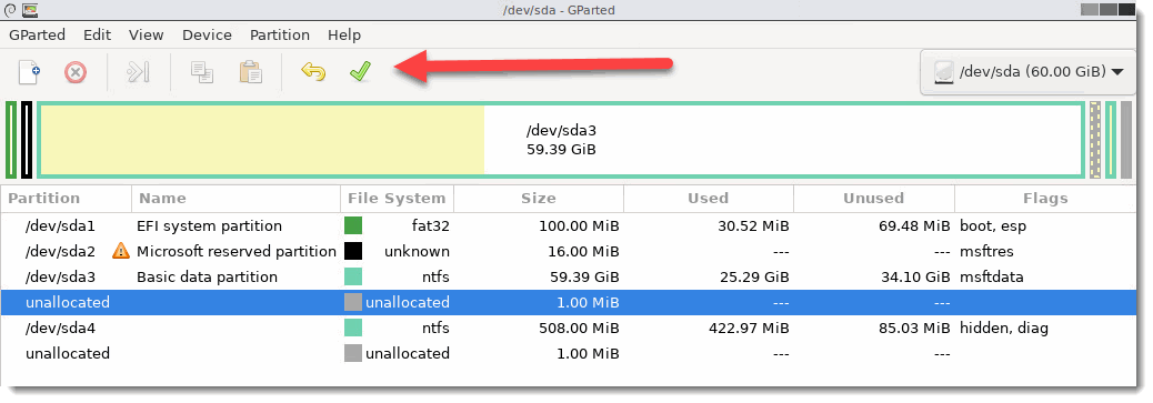 gparted commit resize of partition
