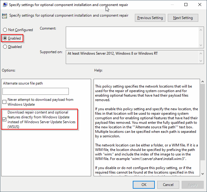 Specify settings for optional component installation and component repair
